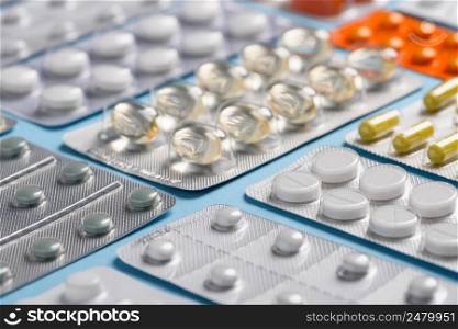 Medicine pharmacy pills and drugs in blisters macro