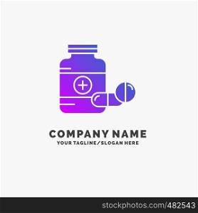 medicine, Pill, capsule, drugs, tablet Purple Business Logo Template. Place for Tagline.. Vector EPS10 Abstract Template background