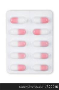 Medicine Pills in a white blister pack on white background.