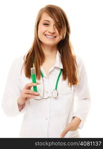 Medicine. Portrait of woman in lab coat. Doctor with syringe wants to do injection isolated on white. Health care.