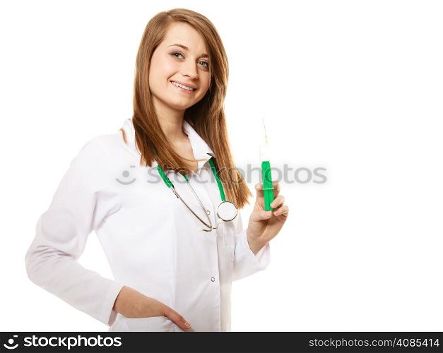Medicine. Portrait of woman in lab coat. Doctor with syringe wants to do injection isolated on white. Health care.