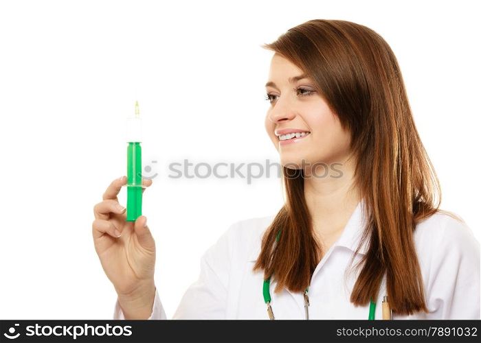 Medicine. Portrait of woman in lab coat. Doctor with syringe wants to do injection isolated on white. Health care.