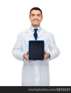 medicine, profession, advertisement and healthcare concept - smiling male doctor showing tablet pc computer blank screen
