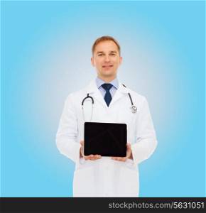 medicine, profession, advertisement and healthcare concept - smiling male doctor with tablet pc computer and stethoscope over blue background