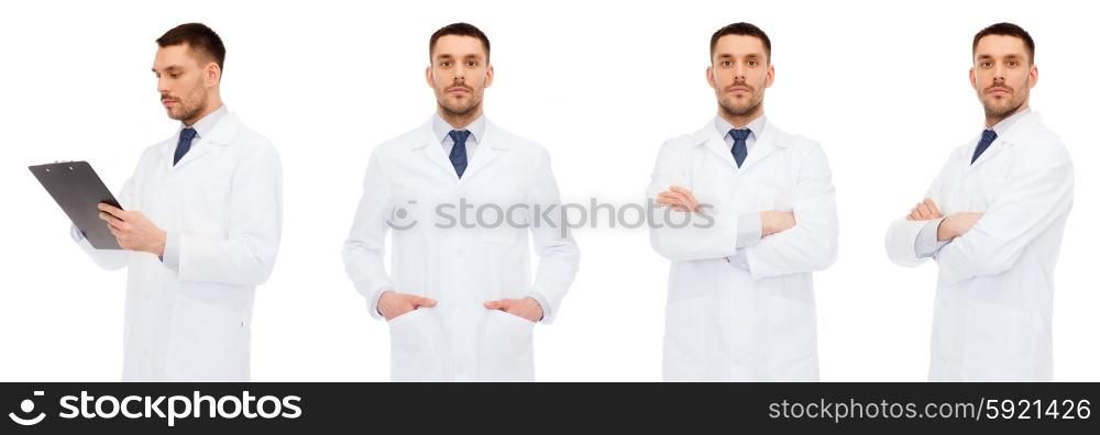 medicine, profession and health care concept - doctors with clipboard