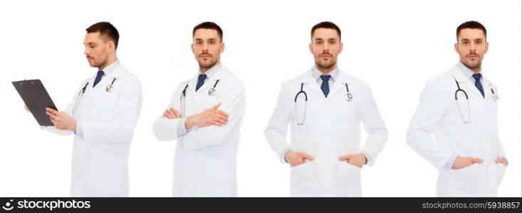 medicine, profession and health care concept - doctors with clipboard and stethoscope
