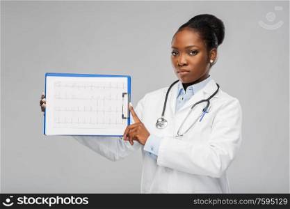 medicine, profession and healthcare concept - african american female doctor in white coat with cardiogram on clipboard and stethoscope over grey background. african american female doctor with cardiogram