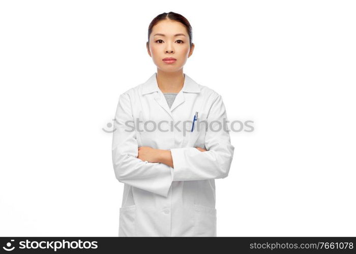 medicine, profession and healthcare concept - asian female doctor or scientist with crossed arms in white coat. asian female doctor with crossed arms