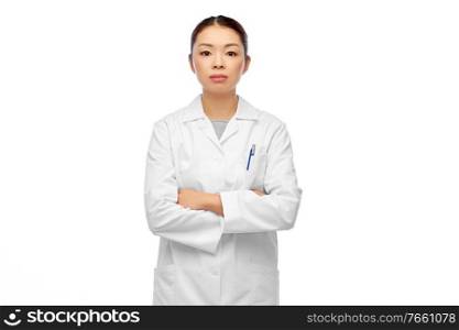 medicine, profession and healthcare concept - asian female doctor or scientist with crossed arms in white coat. asian female doctor with crossed arms