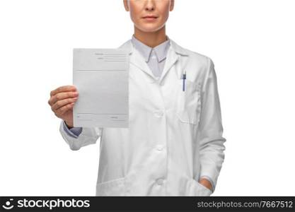 medicine, profession and healthcare concept - close up of female doctor in white coat holding prescription blank. close up of female doctor with prescription blank