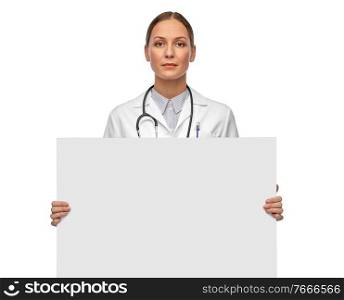 medicine, profession and healthcare concept - female doctor holding white board. female doctor holding white board