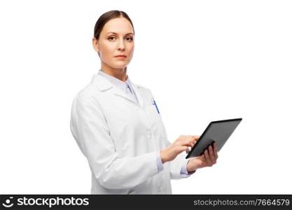 medicine, profession and healthcare concept - female doctor or scientist in white coat with tablet pc computer. female doctor or scientist with tablet computer
