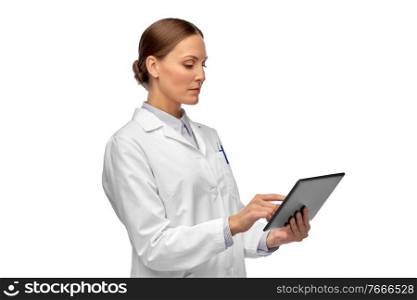 medicine, profession and healthcare concept - female doctor or scientist in white coat with tablet pc computer. female doctor or scientist with tablet computer