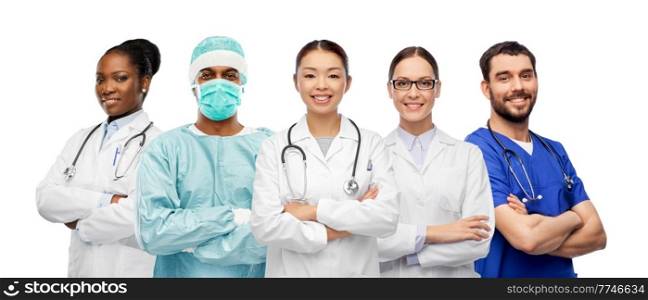 medicine, profession and healthcare concept - group of happy smiling doctors and nurse with stethoscopes over white background. group of happy smiling doctors and nurse