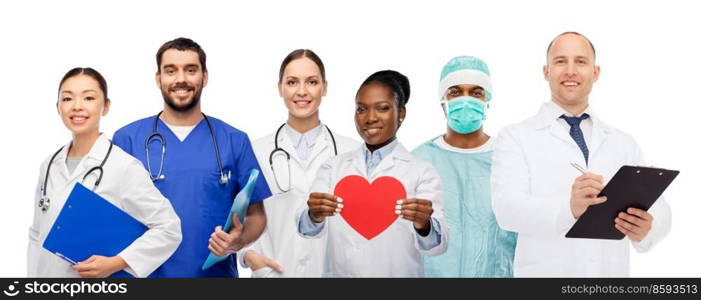 medicine, profession and healthcare concept - group of happy smiling doctors in with red heart over white background. group of happy smiling doctors in with red heart
