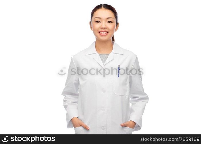 medicine, profession and healthcare concept - happy smiling asian female doctor in white coat. happy smiling asian female doctor in white coat