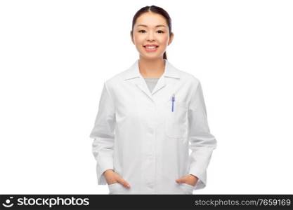 medicine, profession and healthcare concept - happy smiling asian female doctor in white coat. happy smiling asian female doctor in white coat