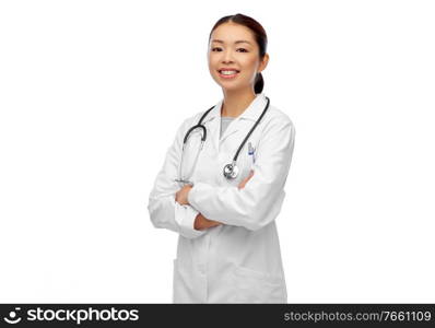 medicine, profession and healthcare concept - happy smiling asian female doctor in white coat with stethoscope. happy smiling asian female doctor in white coat