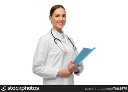medicine, profession and healthcare concept - happy smiling female doctor in white coat with folder and stethoscope. happy smiling female doctor with folder