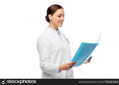 medicine, profession and healthcare concept - happy smiling female doctor in white coat with folder. happy smiling female doctor with folder