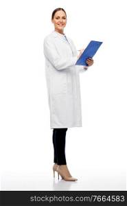 medicine, profession and healthcare concept - happy smiling female doctor or scientist in white coat with clipboard and pen. happy smiling female doctor with clipboard