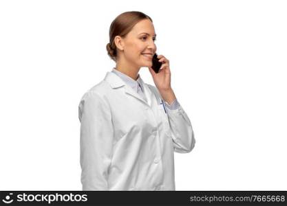 medicine, profession and healthcare concept - happy smiling female doctor or scientist calling on smartphone over white background. female doctoror scientist calling on smartphone
