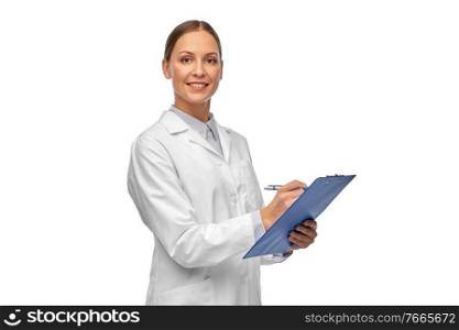 medicine, profession and healthcare concept - happy smiling female doctor or scientist in white coat with clipboard and pen writing medical report. smiling female doctor or scientist with clipboard