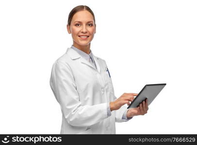 medicine, profession and healthcare concept - happy smiling female doctor or scientist in white coat with tablet pc computer. female doctor or scientist with tablet computer