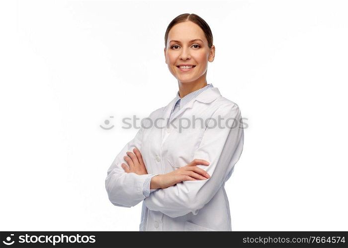 medicine, profession and healthcare concept - happy smiling female doctor or scientist in white coat. happy smiling female doctor in white coat