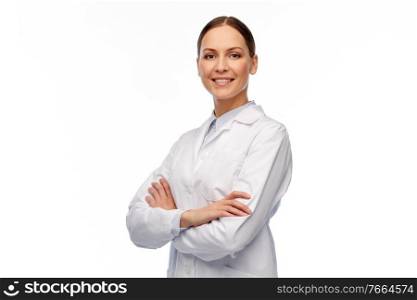 medicine, profession and healthcare concept - happy smiling female doctor or scientist in white coat. happy smiling female doctor in white coat