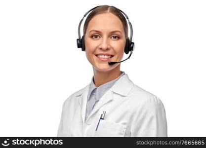 medicine, profession and healthcare concept - happy smiling female doctor with headset over white background. smiling female doctor with headset