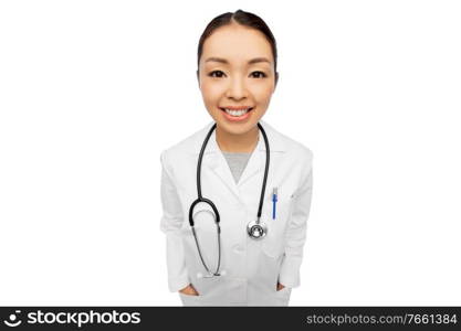 medicine, profession and healthcare concept - portrait of happy smiling asian female doctor in coat with stethoscope over white background. happy smiling asian female doctor with stethoscope
