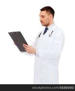 medicine, profession, and healthcare concept - serious male doctor with clipboard and stethoscope writing prescription over white background