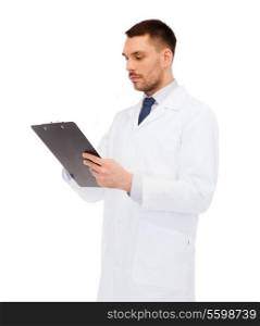 medicine, profession, and healthcare concept - serious male doctor with clipboard writing prescription over white background