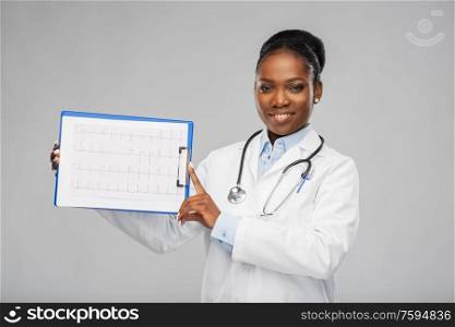 medicine, profession and healthcare concept - smiling african american female doctor in white coat with cardiogram on clipboard and stethoscope over grey background. african american female doctor with cardiogram