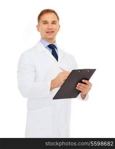medicine, profession, and healthcare concept - smiling male doctor with clipboard writing prescription over white background