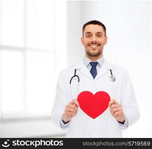 medicine, profession, and healthcare concept - smiling male doctor with red heart and stethoscope