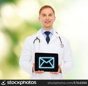 medicine, profession, and healthcare concept - smiling male doctor with stethoscope showing tablet pc computer screen over natural background