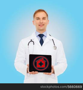 medicine, profession, and healthcare concept - smiling male doctor with tablet pc computer and stethoscope over blue background