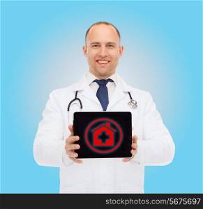 medicine, profession, and healthcare concept - smiling male doctor with tablet pc computer and stethoscope over blue background