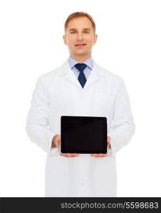 medicine, profession, and healthcare concept - smiling male doctor with tablet pc computer
