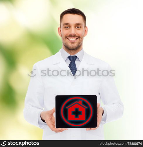 medicine, profession, and healthcare concept - smiling male doctor with tablet pc computer