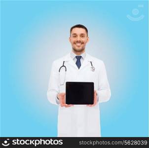 medicine, profession, and healthcare concept - smiling male doctor with tablet pc computer and stethoscope