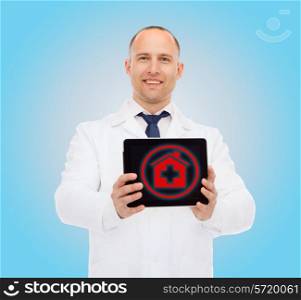 medicine, profession, and healthcare concept - smiling male doctor with tablet pc computer over blue background
