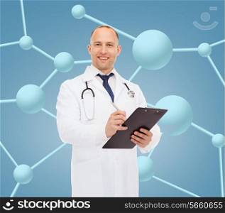 medicine, profession, biology, chemistry and healthcare concept - smiling male doctor with clipboard and stethoscope writing prescription over white background