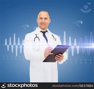 medicine, profession, cardiology and healthcare concept - smiling male doctor with clipboard and stethoscope writing prescription over cardiogram background