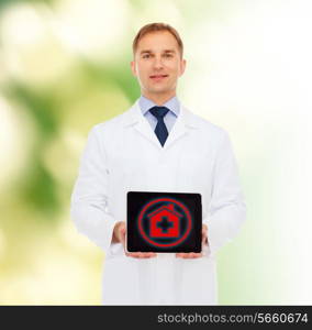 medicine, profession, environment and healthcare concept - smiling male doctor with tablet pc computer over natural background
