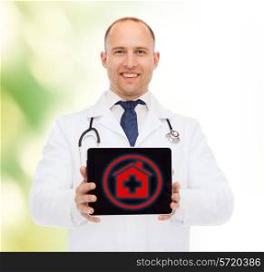 medicine, profession, environment and healthcare concept - smiling male doctor with tablet pc computer and stethoscope over natural background