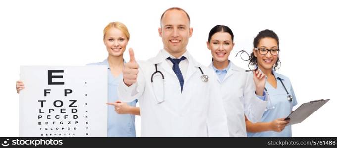 medicine, profession, teamwork and healthcare concept - international group of smiling medics or doctors with eye chart, clipboard and stethoscopes over white background