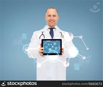 medicine, profession, technology, biology and healthcare concept - smiling male doctor with stethoscope showing tablet pc computer screen over blue background